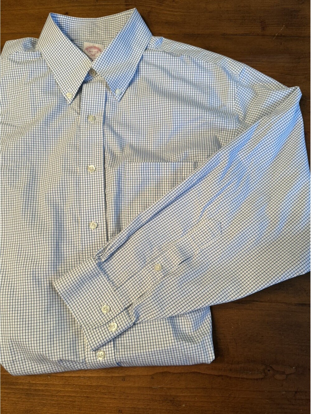 Brooks Brothers Dress Shirt Mens 16-33 White Blue Plaid Excellent